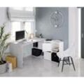 Dmora - Schreibtisch Vallejo, Umschaltbarer Multipositions-Schreibtisch, Arbeits- oder Bürotisch für pc mit Regal, cm 136x139h74, Weiß und Zement