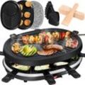 Raclette Grill - Tischgrill Partygrill Elektrogrill für 8 Personen 8 Pfannen und Holzspatel Mit 3 Platten Set - Grill + Pfannkuchen + Naturstein