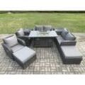 Fimous - 8-Sitzer Rattan Gartenmöbel Set Outdoor Propan Gas Feuergrube Tisch und Sofa Stuhl set mit 2 Beistelltische 2 Big Foothocker