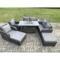 Fimous - 8-Sitzer Rattan Gartenmöbel Set Outdoor Propan Gas Feuergrube Tisch und Sofa Stuhl Set mit Beistelltisch 2 Big Foothocker