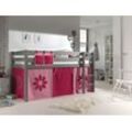 VIPACK - Spielbett Pino mit Textilset "Pink Flower", Ausf. Kiefer massiv grau lackiert