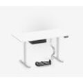 Höhenverstellbarer Schreibtisch PRIMUS + Schublade, Kabelschlange & Fußstütze - 160x80 - Weiß / Weiß - 125 kg Traglast
