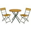 Biergarten - Garnitur münchen 3-teilig (2x Stuhl, 1x Tisch rund 77cm), Flachstahl grün + Robinie - braun