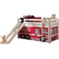 Hochbett Spielbett Kinderzimmer PINOO-12 Textilset Feuerwehr in Kiefer massiv weiß lackiert incl. Rutsche, b/h/t: ca. 210/114/218 cm - weiß