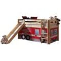 Kinderzimmer Spielbett mit Textilset Feuerwehr PINOO-12 incl. Rutsche in Kiefer massiv natur lackiert, b/h/t: ca. 210/114/218 cm - braun
