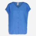 Blaue Kurzarm-Bluse mit Knopfleiste & V-Ausschnitt