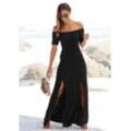 Maxikleid LASCANA Gr. 34, N-Gr, schwarz Damen Kleider Strandkleider mit langen Beinschlitzen und Carmenausschnitt, schulterfrei, Basic Bestseller