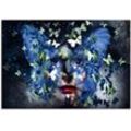 Alu-Dibond-Druck ARTLAND "Fräulein Schmetterling" Bilder Gr. B/H: 130 cm x 90 cm, Schmetterlinge Querformat, 1 St., blau Metallbilder für Innen- und Außenbereich geeignet, Outdoorbild
