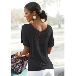 LASCANA Strandshirt schwarz Gr. 36/38 für Damen. Rundhals und Häkelapplikation. Figurumspielend