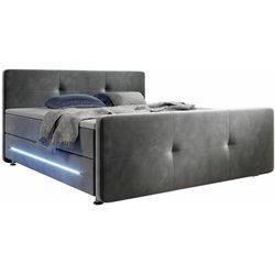 Juskys - Boxspringbett Houston – Doppelbett mit LED-Beleuchtung, Topper & Bonell-Federkern-Matratzen – Bett Polsterbett mit Stoff - 180x200 cm grau