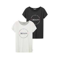 TOM TAILOR DENIM Damen T-Shirts im Doppelpack, grau, Textprint, Gr. XL