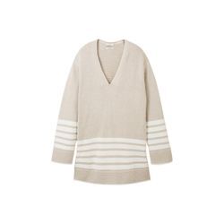 Große Größen: Streifen-Pullover mit V-Ausschnitt, grau meliert, Gr.44