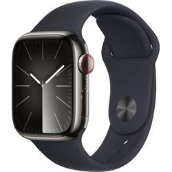 Apple Watch Series 9 GPS + Cellular 41mm Edelstahl S/M Smartwatch (4,1 cm/1,61 Zoll, Watch OS 10), Sport Band, schwarz