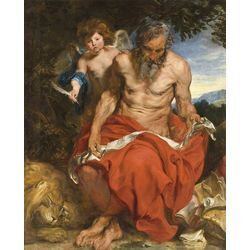 Kunstdruck Saint Jerome Anthonis van Dyck alter Mann Engel Feder Nackt Bart B A3