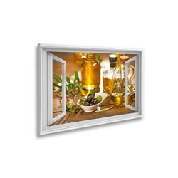 islandburner Leinwandbild Fensterblick Olivenöl Flasche mit nativem Olivenöl extra Sagenhafter E