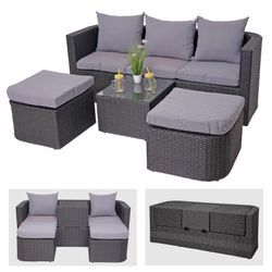 3in1-Garnitur MCW-J37, Garten-/Lounge-Set Sonneninsel, Spun Poly halbrundes Poly-Rattan ~ anthrazit, Kissen hellgrau