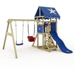 Klettergerüst Spielturm DinkyStar für Kleinkinder mit Rutsche und Kinderschaukel, Babyschaukel mit Sicherheitsgurten, 10 Jahre Garantie - blau