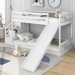 Etagenbett 90x200cm Kinderbett mit Treppe und Rutsche, Hochbett Stockbett Holzbett aus Kiefer, 2 Schubladen in der Treppe, Weiß - Merax