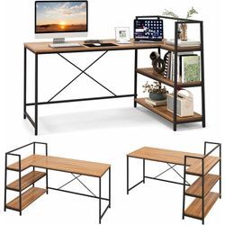 Costway - Schreibtisch mit Regalen, Computertisch L-förmig, Eckschreibtisch Bürotisch PC-Tisch Holz, Arbeitstisch Metallgestell, für Home Office,