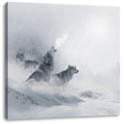 Pixxprint Leinwandbild Heulende Wölfe jagen Hirsch im Nebel