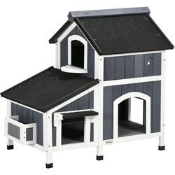 Outdoor-Katzenhaus, zweistöckig, Bodenabstand, Naturholz, Asphaltdach, grau, 96 x 65 x 85,5 cm - Grau - Pawhut