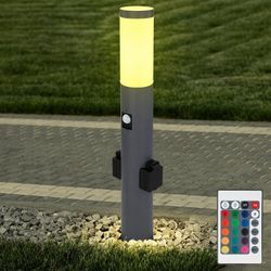 Gartenleuchte dimmbar mit Fernbedienung Wegleuchte Außen mit Bewegungsmelder 2x Steckdose Sockelleuchte, Edelstahl Anthrazit, rgb led 8,5W 806lm