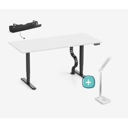 Höhenverstellbarer Schreibtisch PRIMUS + Kabelwanne, Kabelschlange & Schreibtischleuchte - 180x80 - Schwarz / Lichtgrau - 7 Jahre Garantie