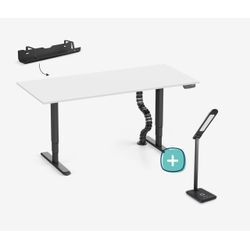 Höhenverstellbarer Schreibtisch PRIMUS + Kabelwanne, Kabelschlange & Schreibtischleuchte - 140x80 - Schwarz / Lichtgrau - 7 Jahre Garantie