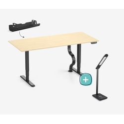Höhenverstellbarer Schreibtisch PRIMUS + Kabelwanne, Kabelschlange & Schreibtischleuchte - 140x80 - Schwarz / Birke - 7 Jahre Garantie