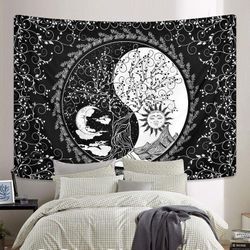Sonne und Mond Wandteppich Mandala Yin Yang Wandteppich Schwarz-Weiß-Wandteppiche Psychedelischer Böhmischer Wandteppich Baum des Lebens Wandbehang