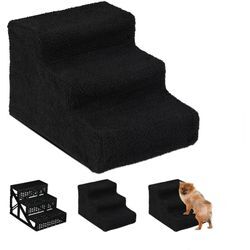 Hundetreppe 3 Stufen, kleine & große Hunde, Bett & Couch, Stoffbezug, Tiertreppe innen, 30x35x45 cm, schwarz - Relaxdays