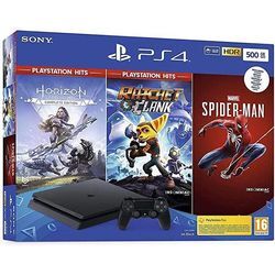 PlayStation 4 Slim 500GB - Schwarz + Marvel’s Spider-Man + Horizon Zero Dawn + Ratchet & Clank