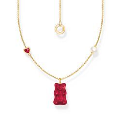 Kette mit rotem Goldbären-Anhänger, Herz und Perle vergoldet