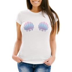MoonWorks Print-Shirt Damen T-Shirt Meerjungfrau Muschel BH Fasching Karneval Mermaid Nixe Moonworks® mit Print