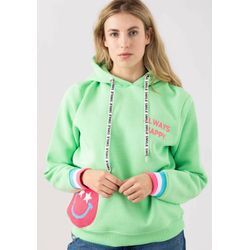 Hoodie ZWILLINGSHERZ "Always Happy" Gr. L/XL, grün (hellgrün) Damen Sweatshirts -jacken Hoodiebänder mit Aufdruck