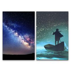 Sinus Art Leinwandbild 2 Bilder je 60x90cm Sternenhimmel Galaxie Milchstraße Bootsmann Ruderboot Fantasie Träumerisch