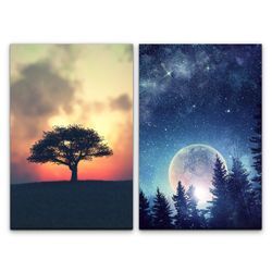 Sinus Art Leinwandbild 2 Bilder je 60x90cm einsamer Baum Vollmond Tannenwald Sterne Nachthimmel Mystisch Zauberhaft