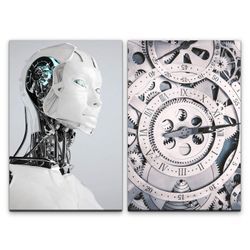 Sinus Art Leinwandbild 2 Bilder je 60x90cm Cyborg Roboter Zahnräder Uhrwerk Zeit Science Fiction Technik