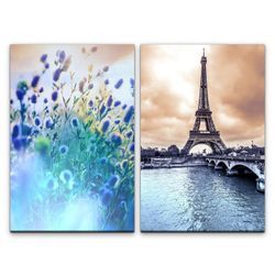Sinus Art Leinwandbild 2 Bilder je 60x90cm Frühling Blumen Paris Frankreich Eiffelturm alte Brücke Stadtfluss