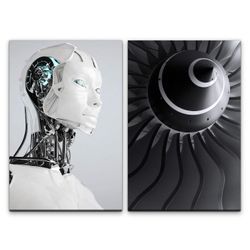 Sinus Art Leinwandbild 2 Bilder je 60x90cm Cyborg Roboter Turbine Schwarz Weiß Technik Science Fiction KI