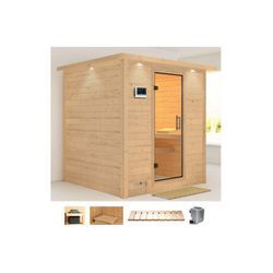 Karibu Sauna Menja, BxTxH: 224 x 210 x 206 cm, 40 mm, (Set) 9-kW-Bio-Ofen mit externer Steuerung, beige
